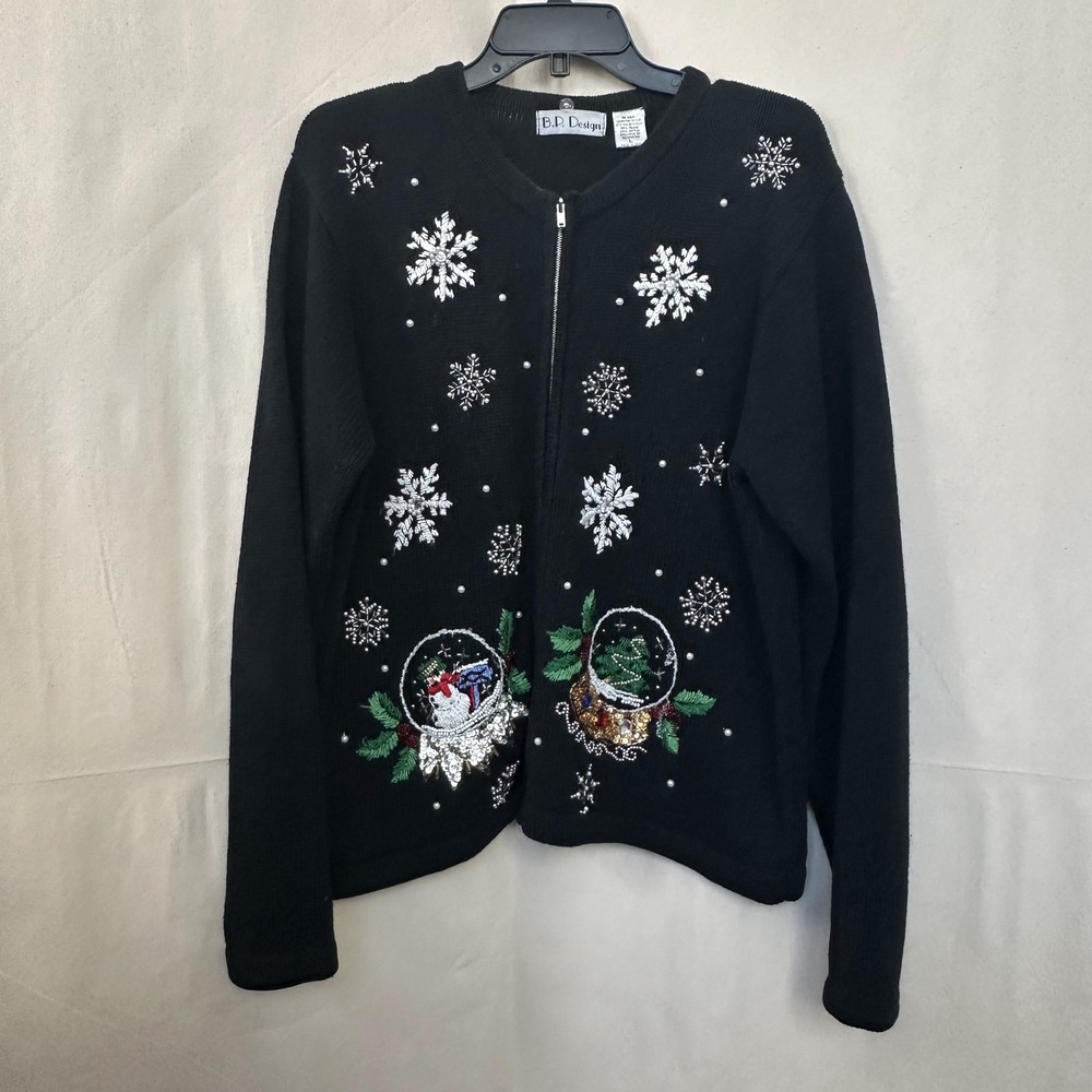 BP Design Blk‎ Snowman Christmas Knit Cardigan L Beaded Sequins Granny 80s READ